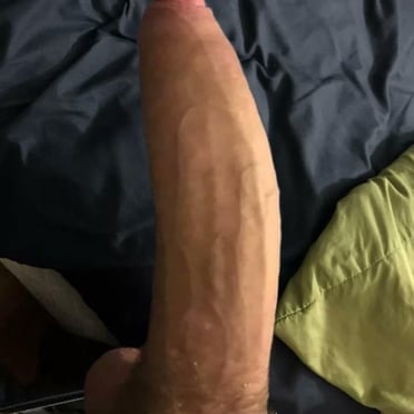 Huge, veiny cock with dark pubic hair.