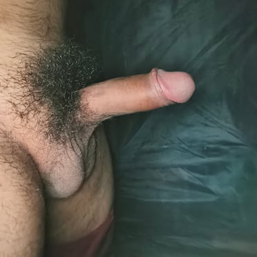 This juicy cock pic features a thick, veiny dick with a full bush of pubic hair and prominent balls.