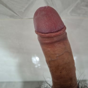 A thick, juicy Asian dick pic with bushy pubic hair.