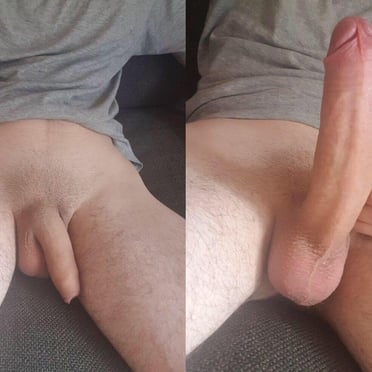 Beautifully thick and juicy cock pic with a prominent set of balls and lightly trimmed pubic hair.