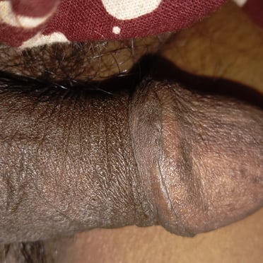 A beautiful, thick and juicy black cock pics with dark skin texture, approx 16cm, showing light pubic hair.