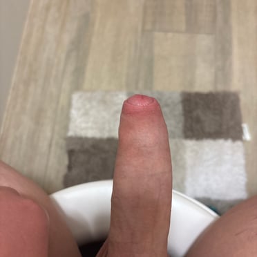 Here is a single sentence description for the image:

A beautiful and thick cock, approximately 14cm, with some bushiness and nice skin, from Australia.