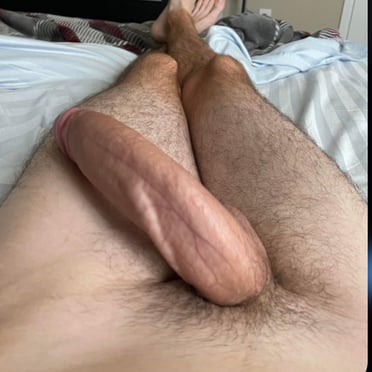 A thick, veiny white cock with nicely trimmed pubic hair, close-up pic.