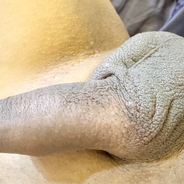 Close up pic of a thick, smooth cock with prominent, veiny balls and light pubic hair.