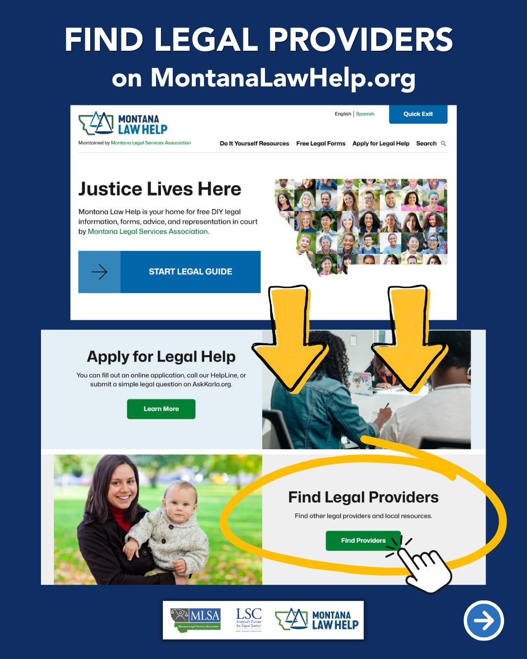 Text that reads "Find legal providers on MontanaLawHelp.org above two screenshots showing how to get to the Find Legal Providers page.