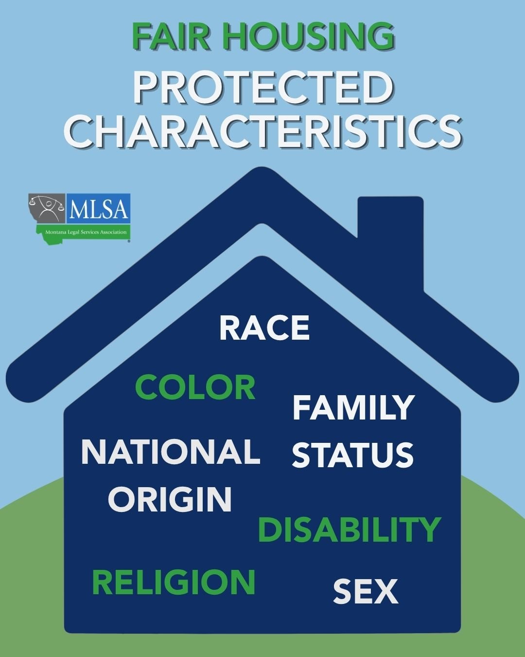 A graphic of a house that reads, "Fair housing protected characteristics. Race, Color, National origin, Family status, Religion, Disability, and Sex."