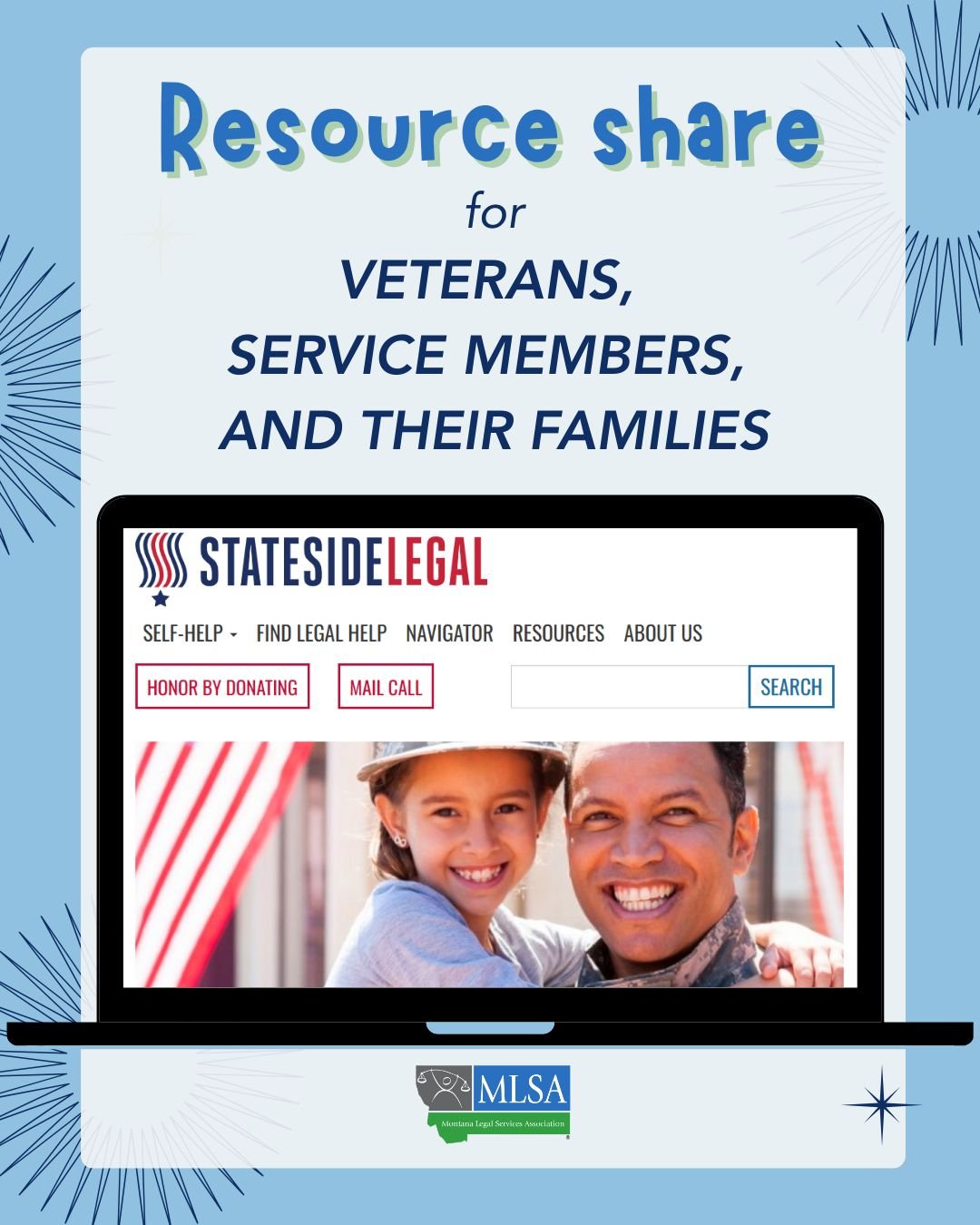 Text that reads, "Resource share for veterans, service members, and their families" above a laptop showing StatesideLegal's homepage.