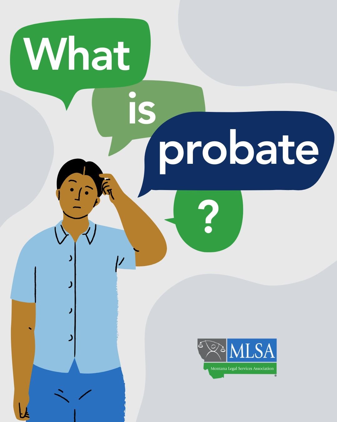 A person surrounded by thought bubbles that say, "What is probate?"
