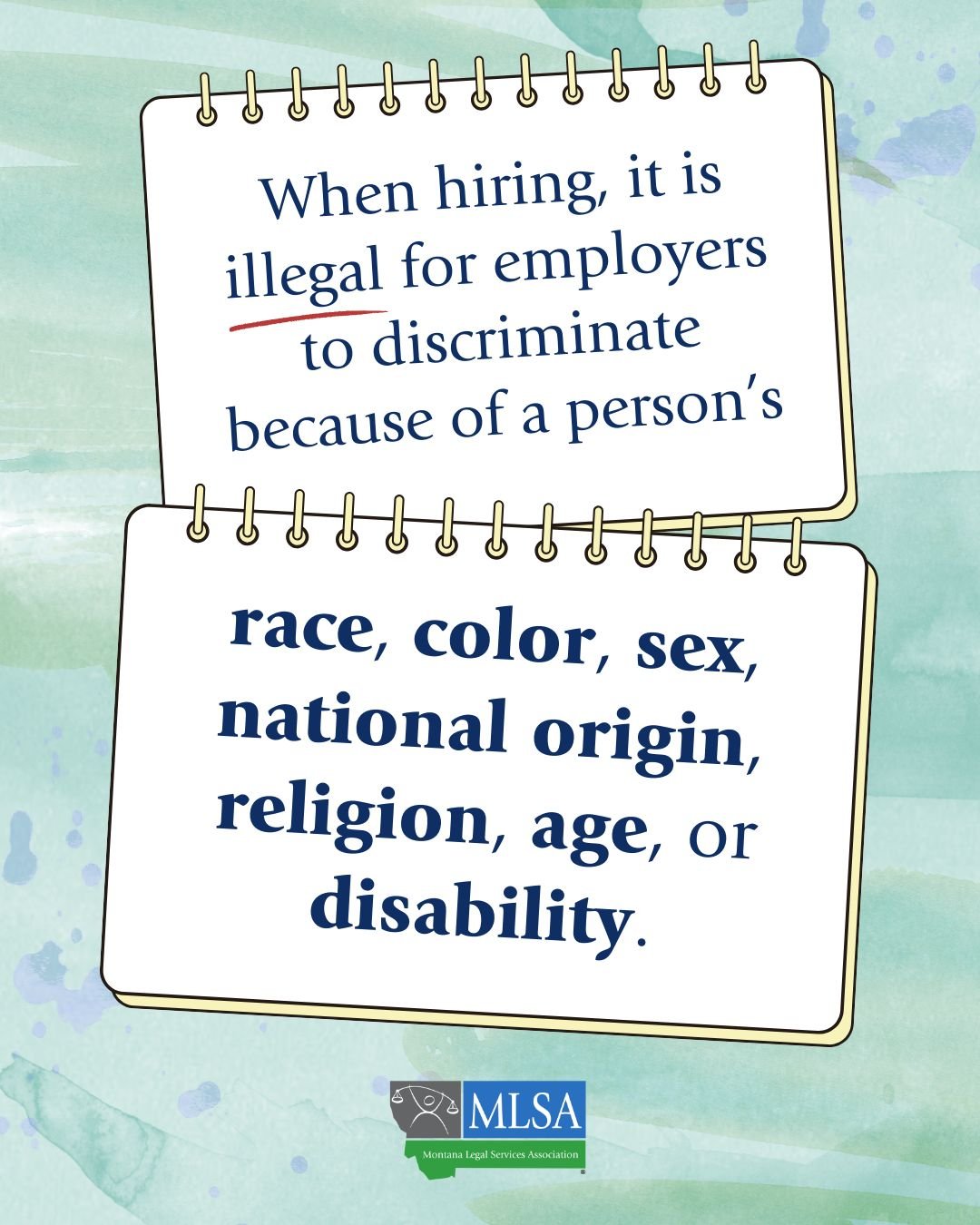 Two notebooks with text that read, "When hiring, it is illegal for employers to discriminate because of a person's race, color, sex, national origin, religion, age, or disability."