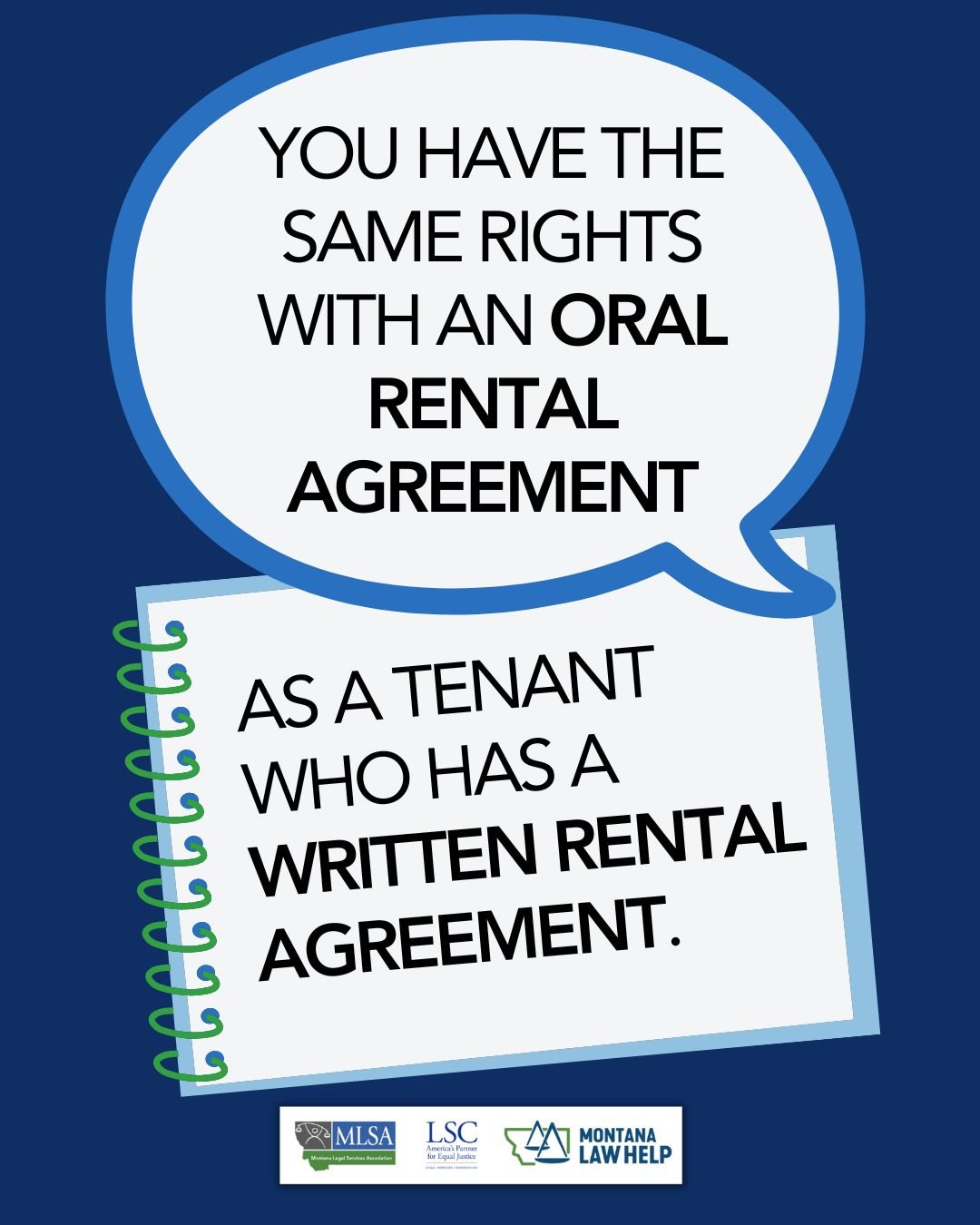 A speech bubble and notebook that read, "You have the same rights with an oral rental agreement as a tenant who has a written rental agreement."