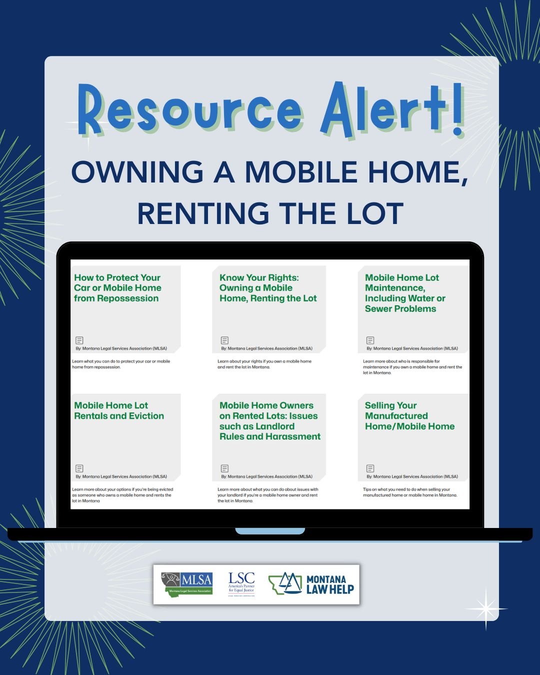 Text that reads, "Resource Alert! Mobile home lot rentals" above a laptop computer with a webpage open to six article boxes.