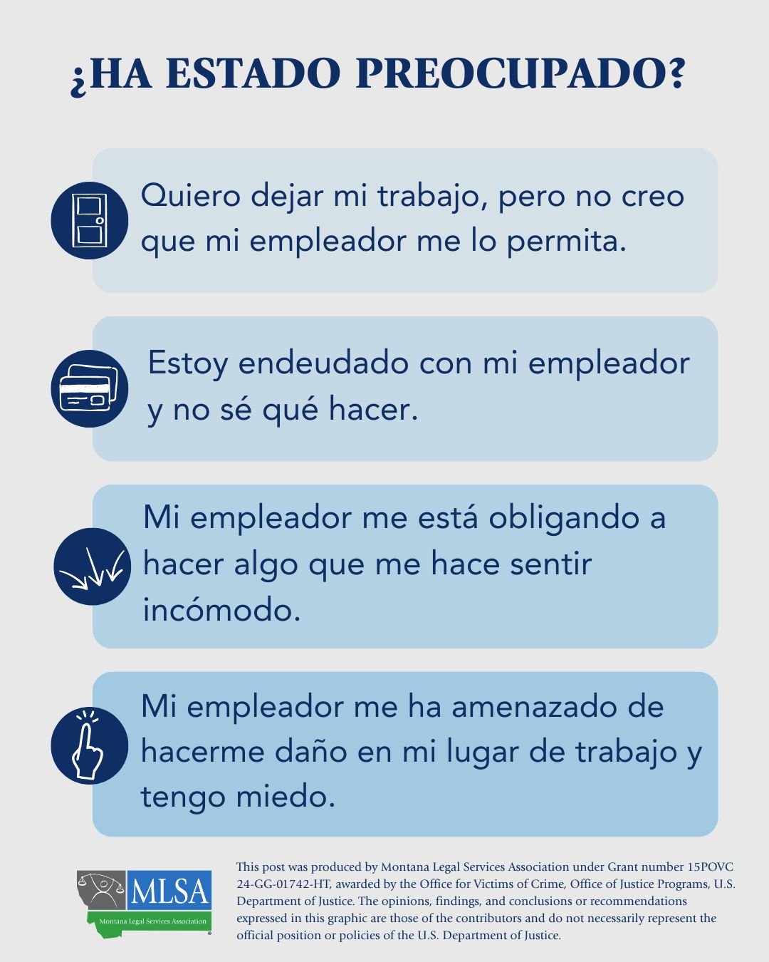 Texto que dice, "¿Ha estado preocupado? Quiero dejar mi trabajo, pero no creo que mi empleador me lo permita. Estoy endeudado con mi empleador y no sé qué hacer. Mi empleador me está obligando a hacer algo que me hace sentir incómodo. Mi empleador me ha amenazado de hacerme daño en mi lugar de trabajo y tengo miedo."