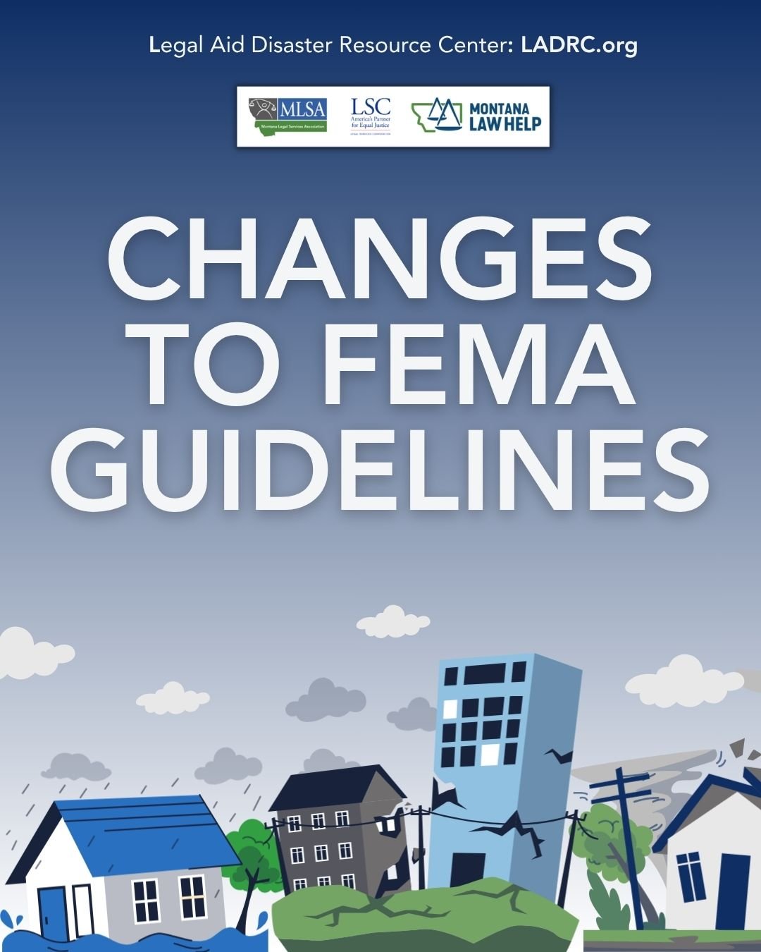 Text that reads "Changes to FEMA guidelines" above damaged buildings.