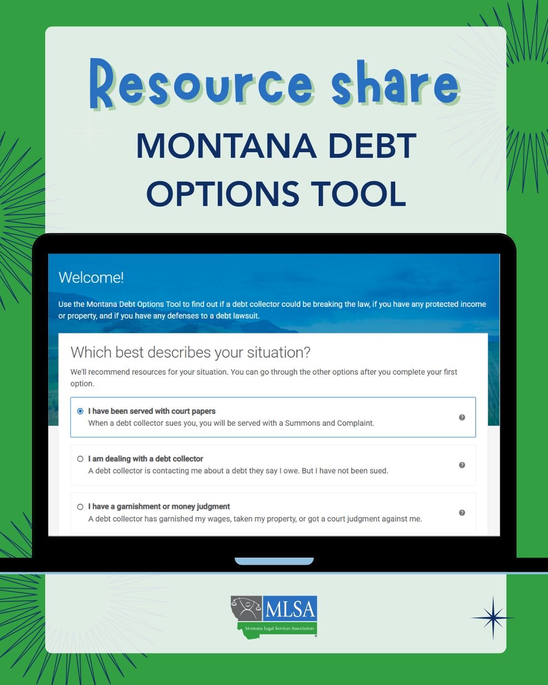 Text that reads, "Resource share: Montana Debt Options Tool" over a laptop.