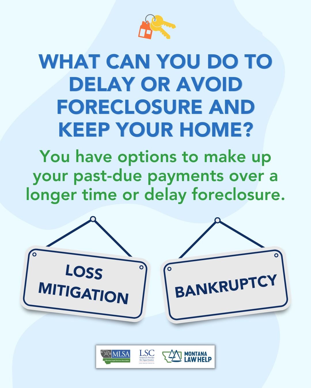 Text that reads, “What can you do to delay or avoid foreclosure and keep your home? You have options to make up your past-due payments over a longer time or delay foreclosure.” Below are two signs that read, “Loss mitigation” and “Bankruptcy.”