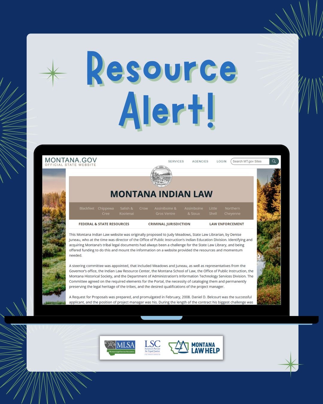 Text that reads, “Resource Alert” above a laptop computer with a screen showing Montana Indian Law’s homepage.