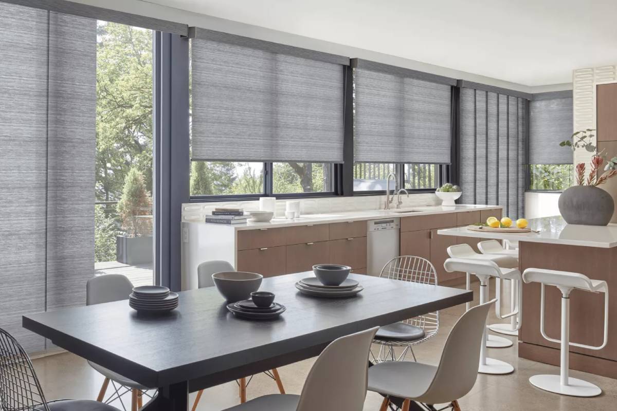 Hunter Douglas blinds for large windows in a kitchen near Helena, MT