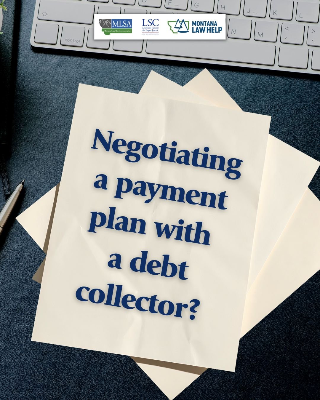 Text below a keyboard that reads, "Negotiating a payment plan with a debt collector?"