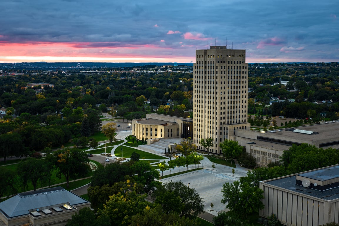 Aerial view of the North Dakota State Capitol building in Bismarck