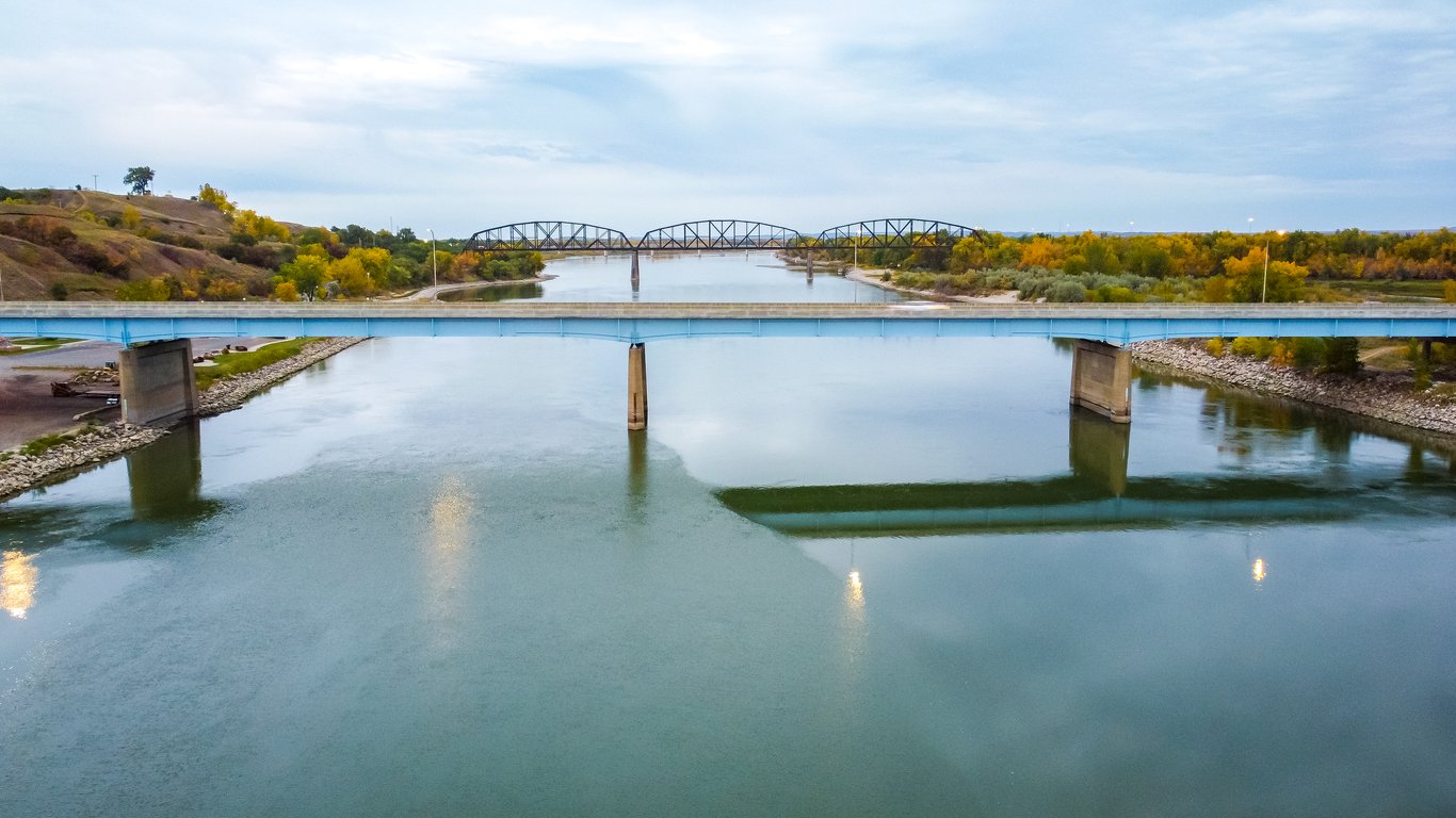 Aerial View of Missouri River Bridges in Bismark, North Dakota