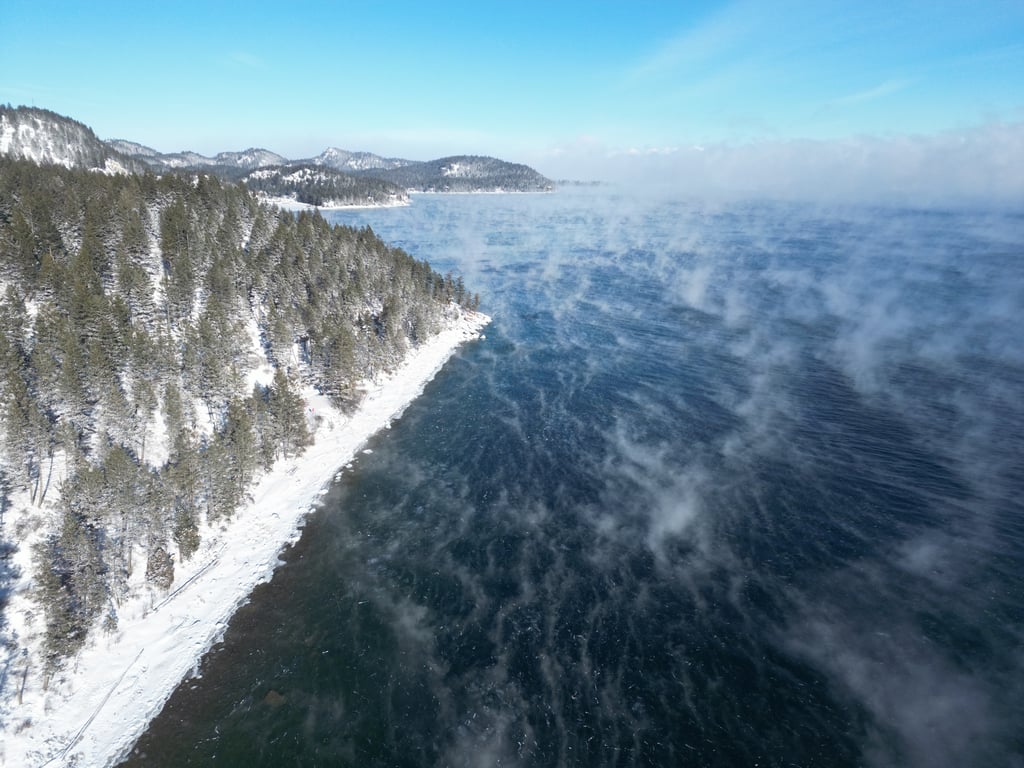 Winter mist over Flathead Lake near Dayton and Wild Horse Island