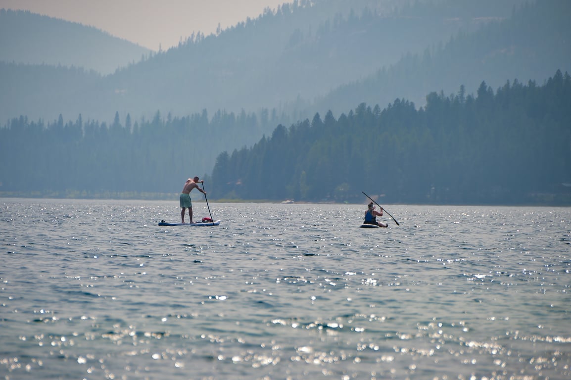 two people paddleboarding in Whitefish Lake