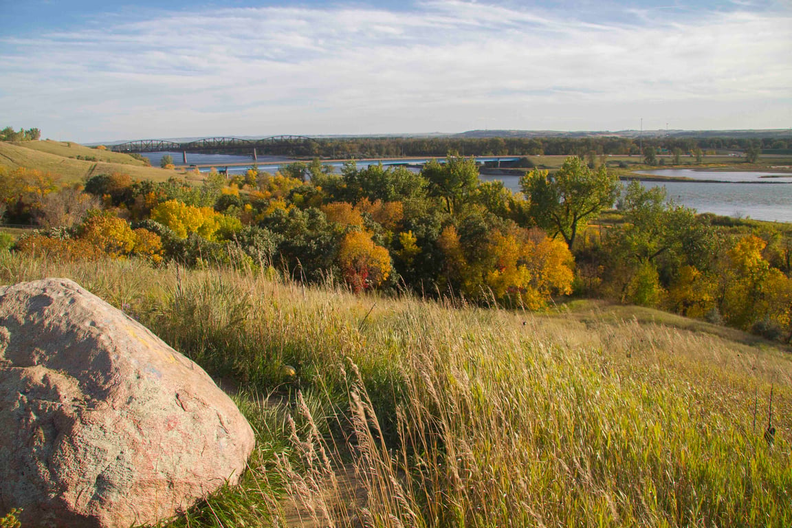 View of Bismarck, North Dakota from the Indian Village Overlook to I-94 Bridge and Missouri River