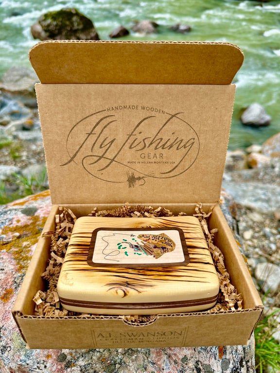 Trout Fly Box in barn wood - packaged