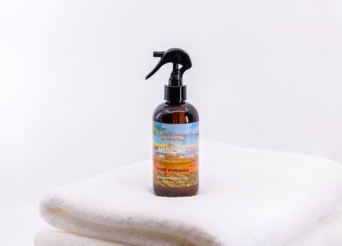 A spray bottle of Medicine Springs product. This is the Sport Formula mineral therapy.