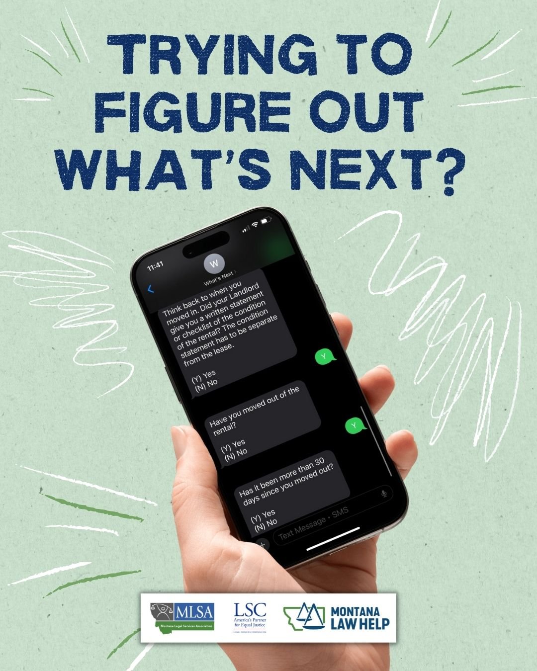 Text that reads, "Trying to figure out what's next?" above a hand holding a phone.
