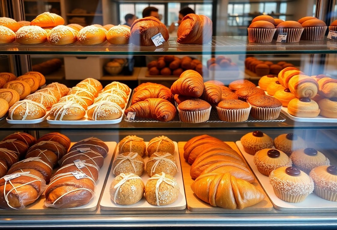 Display case filled with fresh pastries, croissants, and baked goods