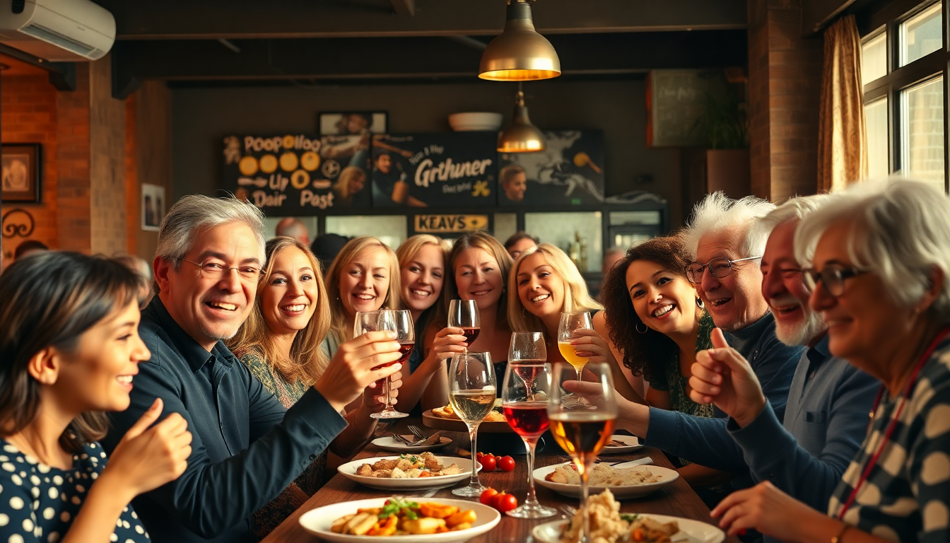 Happy group of people celebrating at a restaurant party