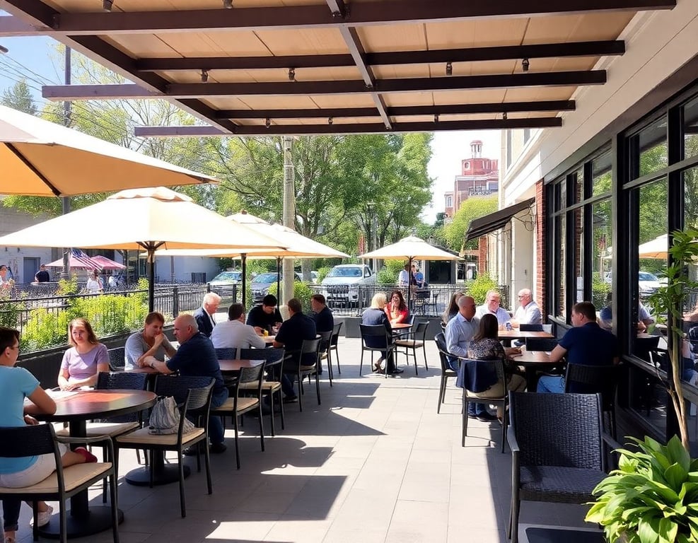 Outdoor patio seating area with customers dining under umbrellas