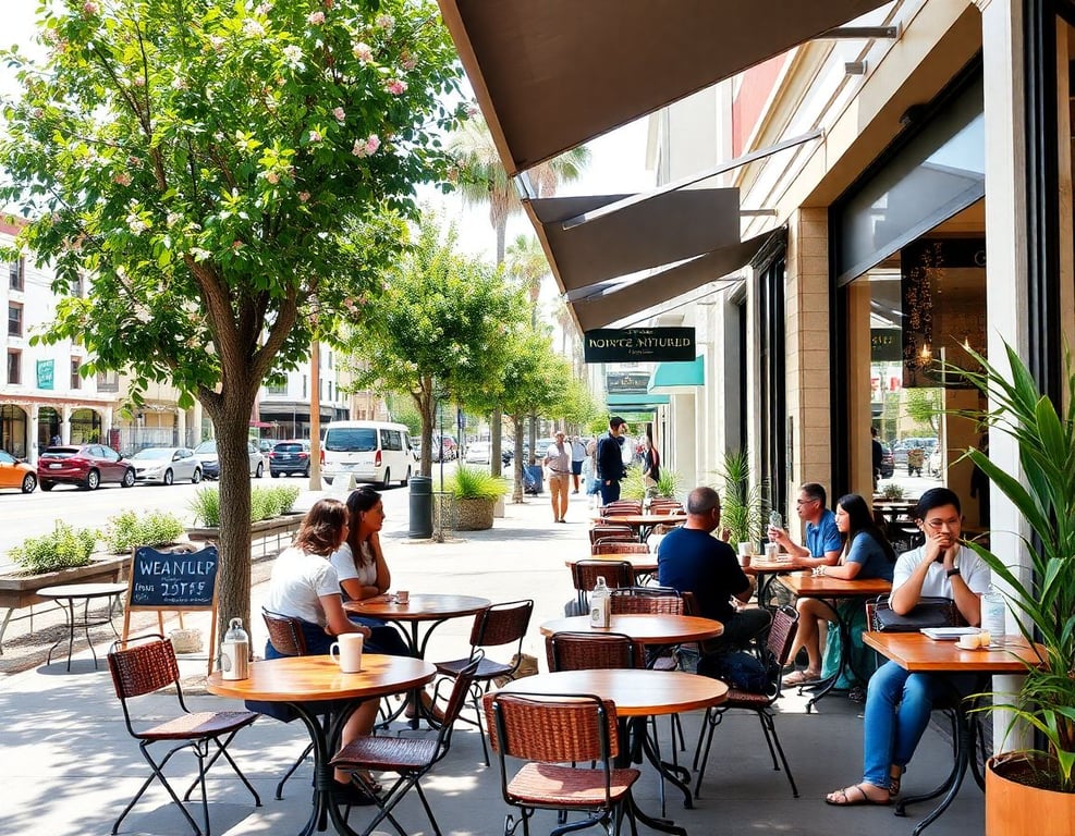 Outdoor cafe seating with people relaxing and enjoying coffee