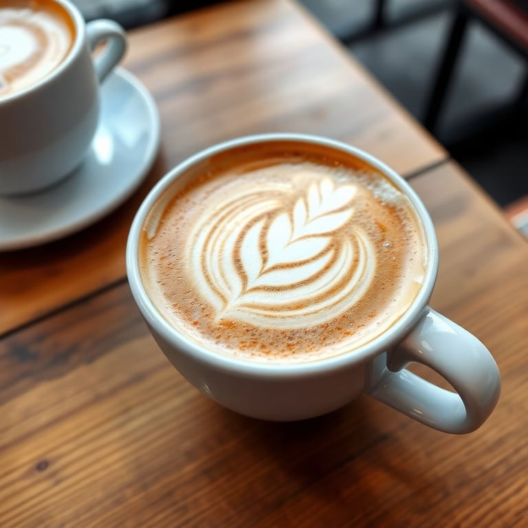 Close-up of latte art in white ceramic cup with perfect foam design