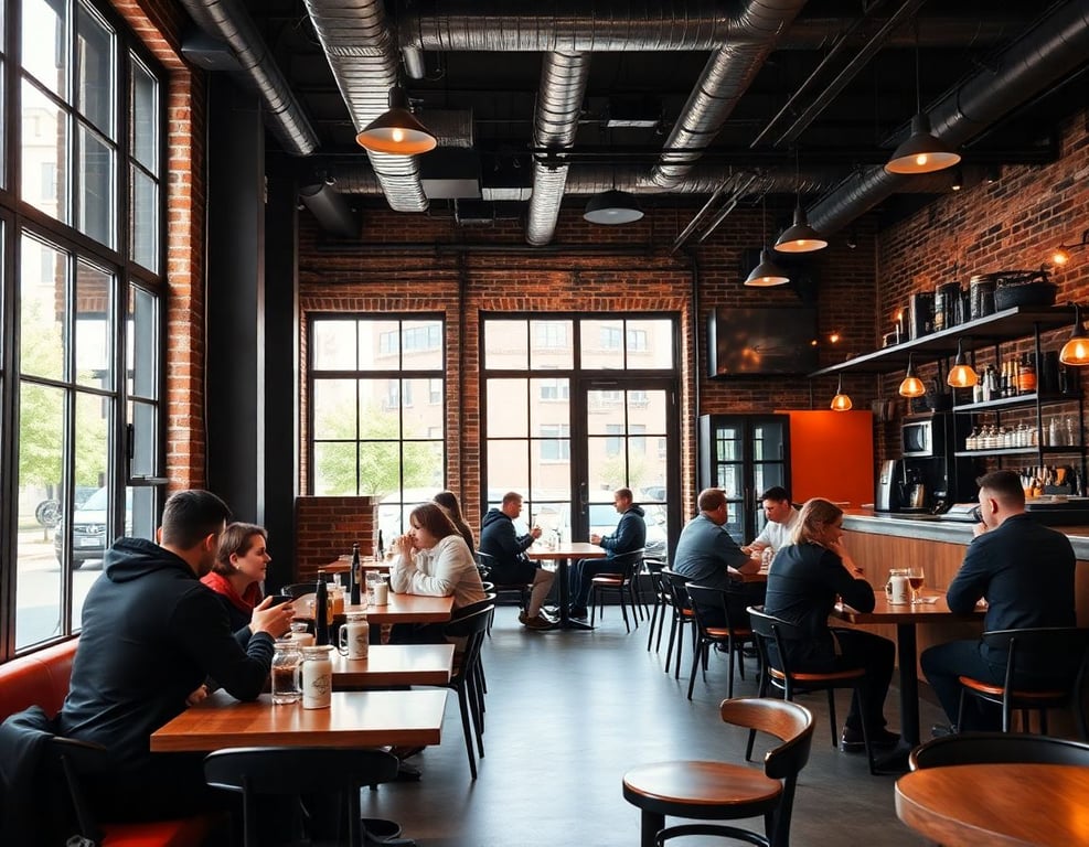 Wide shot of cafe interior with customers sitting at tables, warm lighting and industrial design