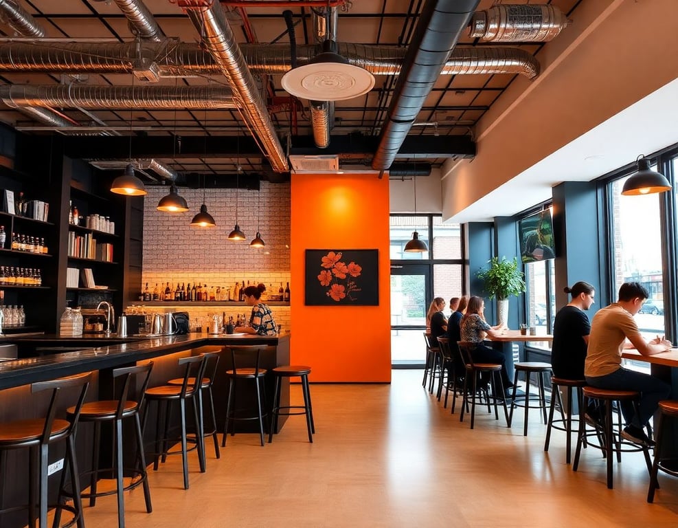 Alternative view of cafe interior showing counter area and bar seating