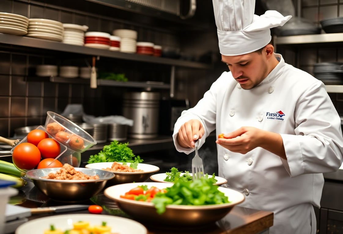 Chef in kitchen preparing fresh food with professional expertise