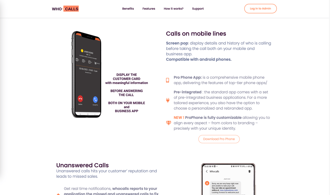 A webpage showcasing the 'Who Calls' mobile app features, including call details display and customization options.