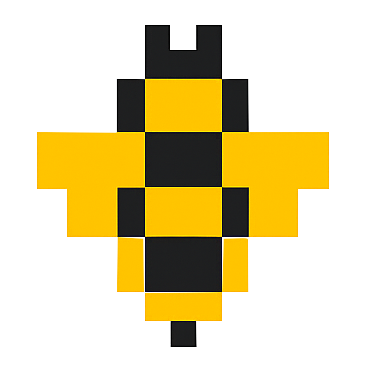 A stylized bee design made of yellow and black geometric shapes.