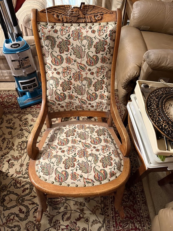 HIGH BACK CARVED ROCKING CHAIR W/EAGLE INLAY