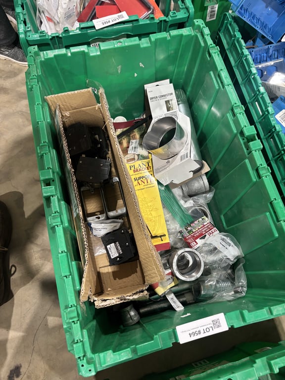 Tote of breakers, connectors, PVC fittings, reducers