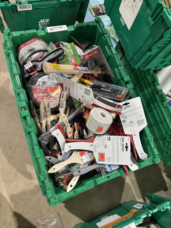 Tote of Paint Supplies, Anvil Shears, Rope, Knobs, Filters, Misc