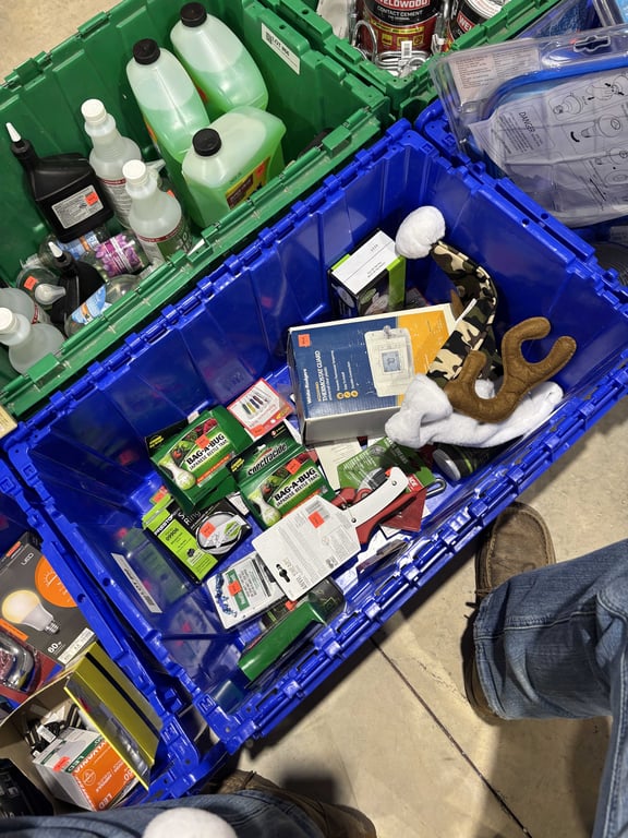 Tote of bed bug killer, anvil shears, holiday hats