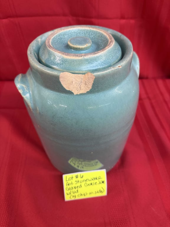ANT. STONEWARE GLAZED COOKIE JAR (LG. CHIP IN SIDE) - Image 2