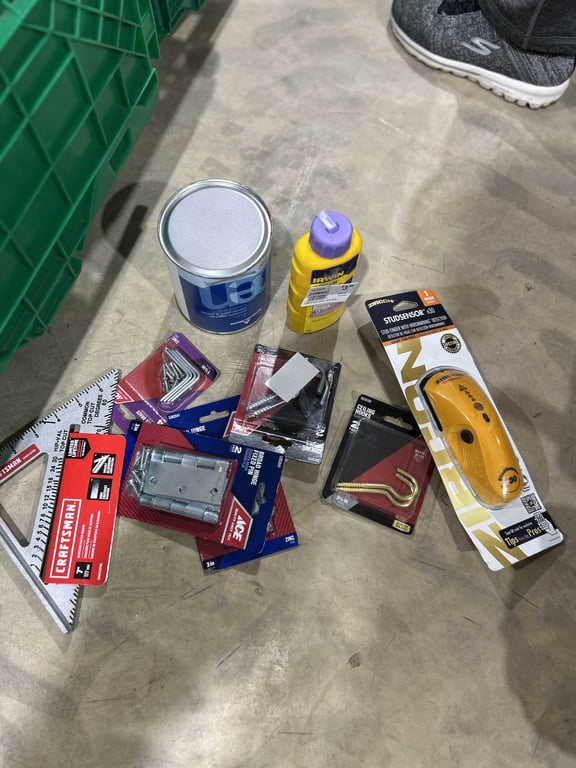 Tote of paint and primer, hinges, ceiling hooks, etc - Image 3
