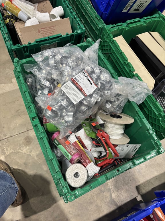 Tote of twine, tube straps, rope, anvil shears, etc