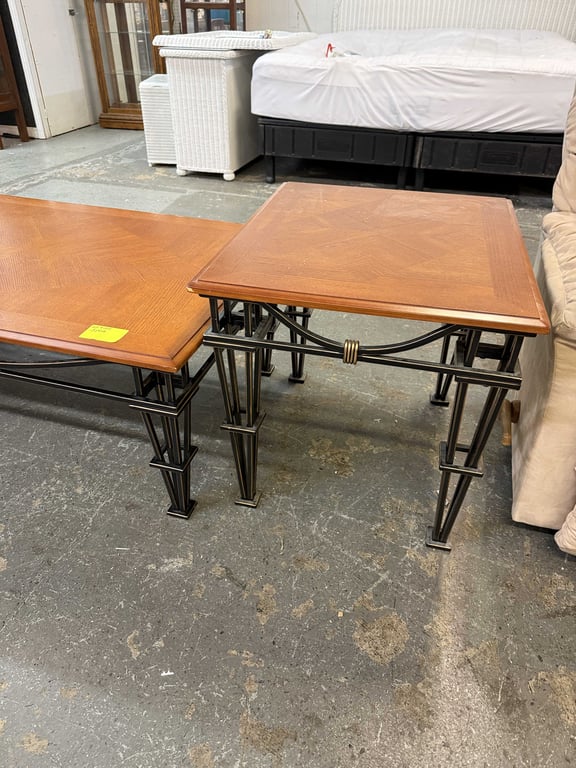 3 PC WOOD AND IRON COFFEE TABLE AND END TABLES  - Image 2