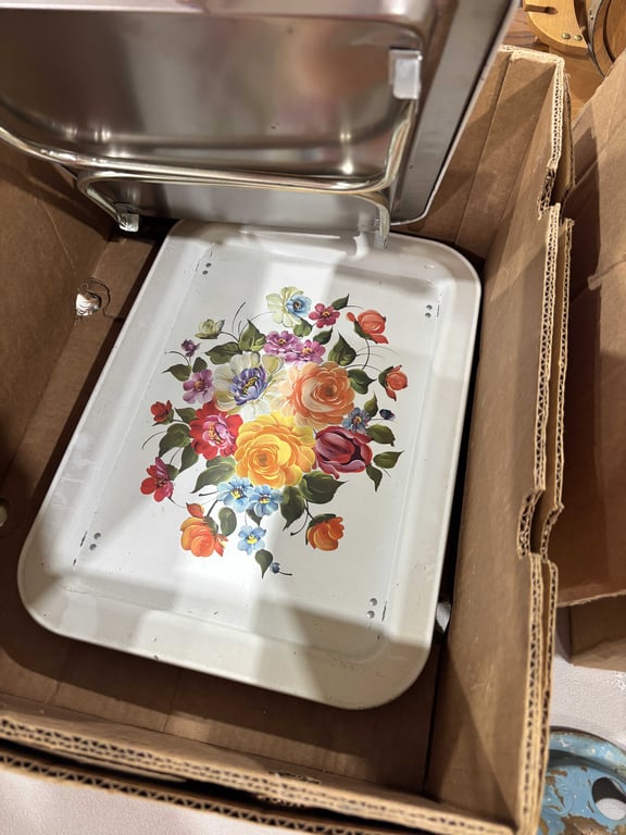 Box of serving trays, vintage sprinkler, popcorn popper - Image 3