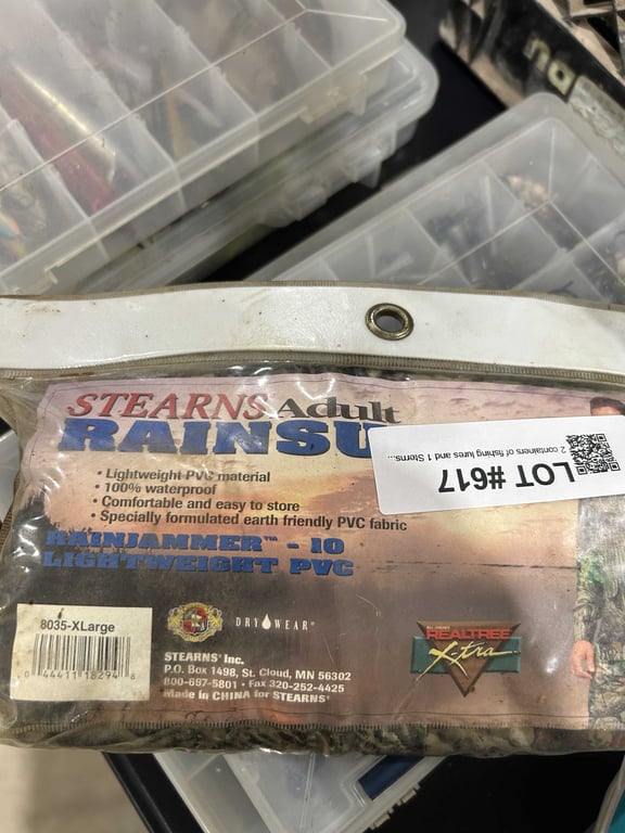 2 containers of fishing lures and 1 Sterns adult rainsuits - Image 2
